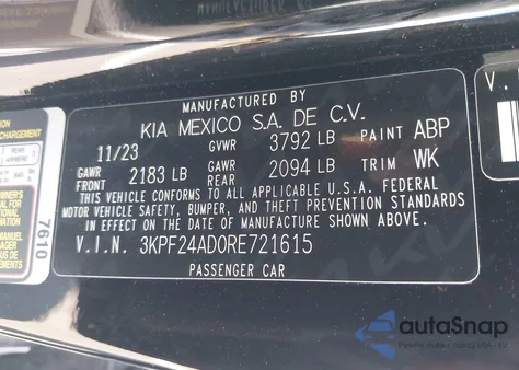 2024 Kia Forte Lxs из США, поврежденный, VIN 3KPF24AD0RE721615